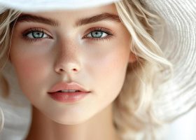 elegant-woman-with-light-blonde-hair-and-wide-brim-hat-in-close-up-photo